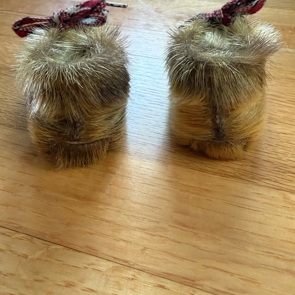 Vintage 60’s Zoo Pets Brand Seal Fur Moccasin Slippers with Red Plaid Bow